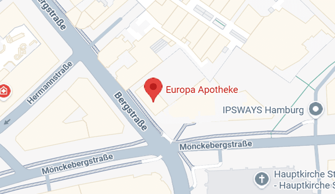 Kartenausschnitt mit dem Standort der Europa Apotheke an der Bergstraße in Hamburg, in der Nähe der Mönckebergstraße und der Hauptkirche St. Petri.